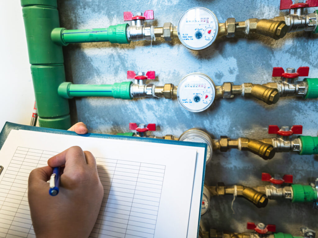 woman reading the water meter in the apartment building
