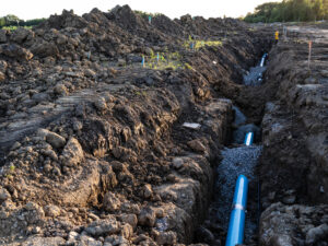 water main trench with fire hydrant pipe